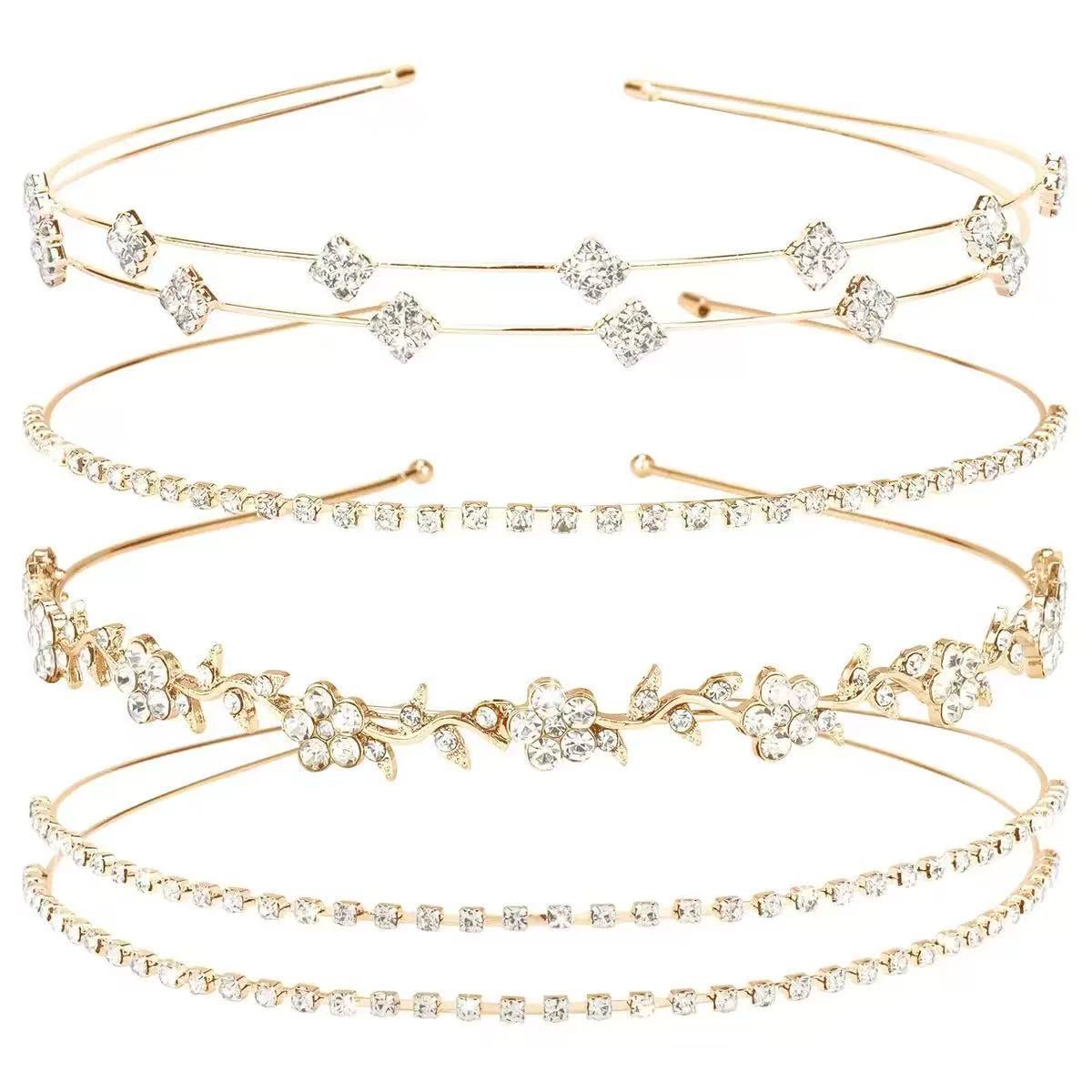 Diadema de diamantes de imitación de venta caliente de comercio exterior, diadema delgada de una fila, traje de cuatro piezas de sentido avanzado, accesorios para la cabeza de boda elegantes y versátiles