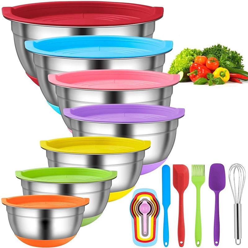 American Colorfuled Silicone Bottom Salad Bowl with Lid, Cooking Baking Salad Bowl Set, Stainless Steel Multi-Purpose Egg Beater