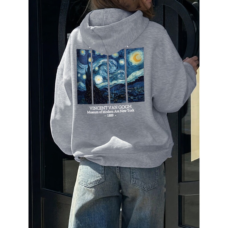 【Cross-Border European Size】Van Gogh Starry Night Print Hooded Sweatshirt with Drawstring, Casual Autumn/Winter Style, Women's Gray Unisex