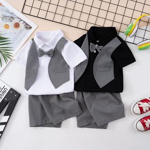 Boys 2025 Summer Dress Suit Baby Boy Summer Kidsren Short-Sleeved Fake Three-Piece Handsome New Style White Black