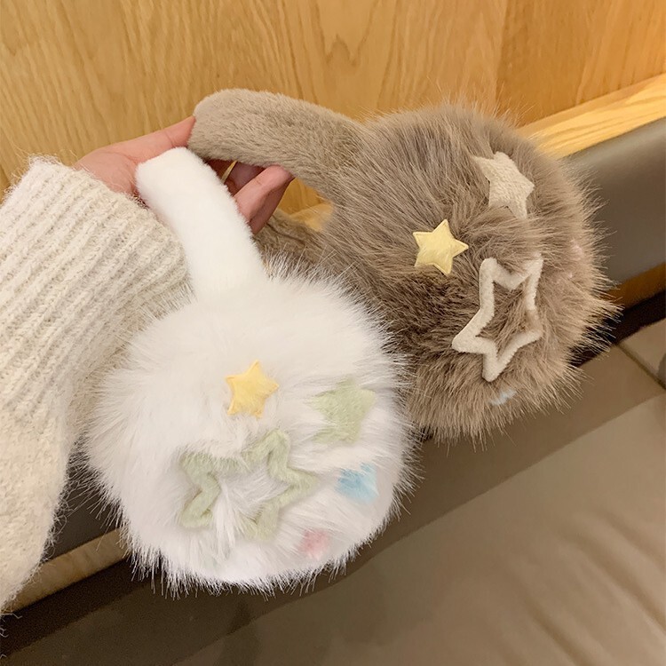 可爱星星白色毛绒耳罩女冬季可折叠保暖耳套加绒防冻护耳包耳捂子|undefined