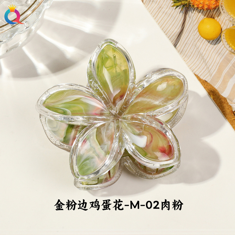 奇阅跨境新款网红金粉边鸡蛋花发夹后脑勺半扎花朵抓夹鲨鱼夹发卡|undefined