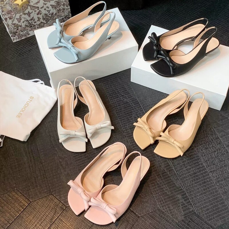 Grape Mom Studiolee 5.5cm High Heel~ French Square-Toe Bowknot Open-Back Open-Toe Sandals for Women for Outdoor Wear