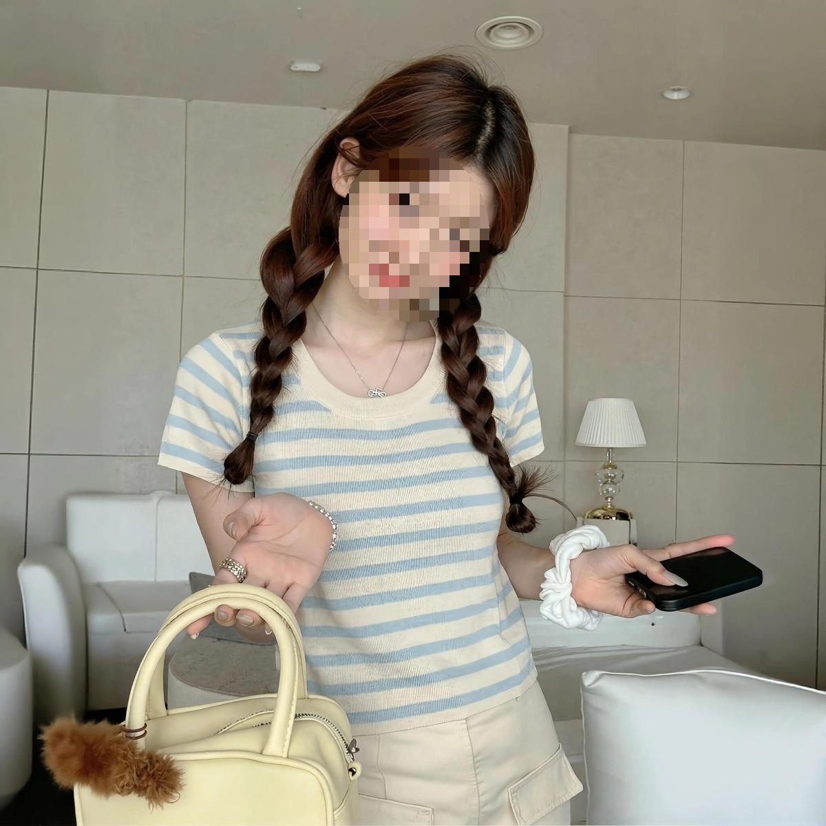 Áo thun nữ cổ tròn tay ngắn thiết kế vai tròn ôm gọn dáng hè — Mềm mại, trắng, xanh mát., Cơ sở Bách đáp phiên bản gạo trắng, Hàng ngày đi lại màu đen chi tiết 9