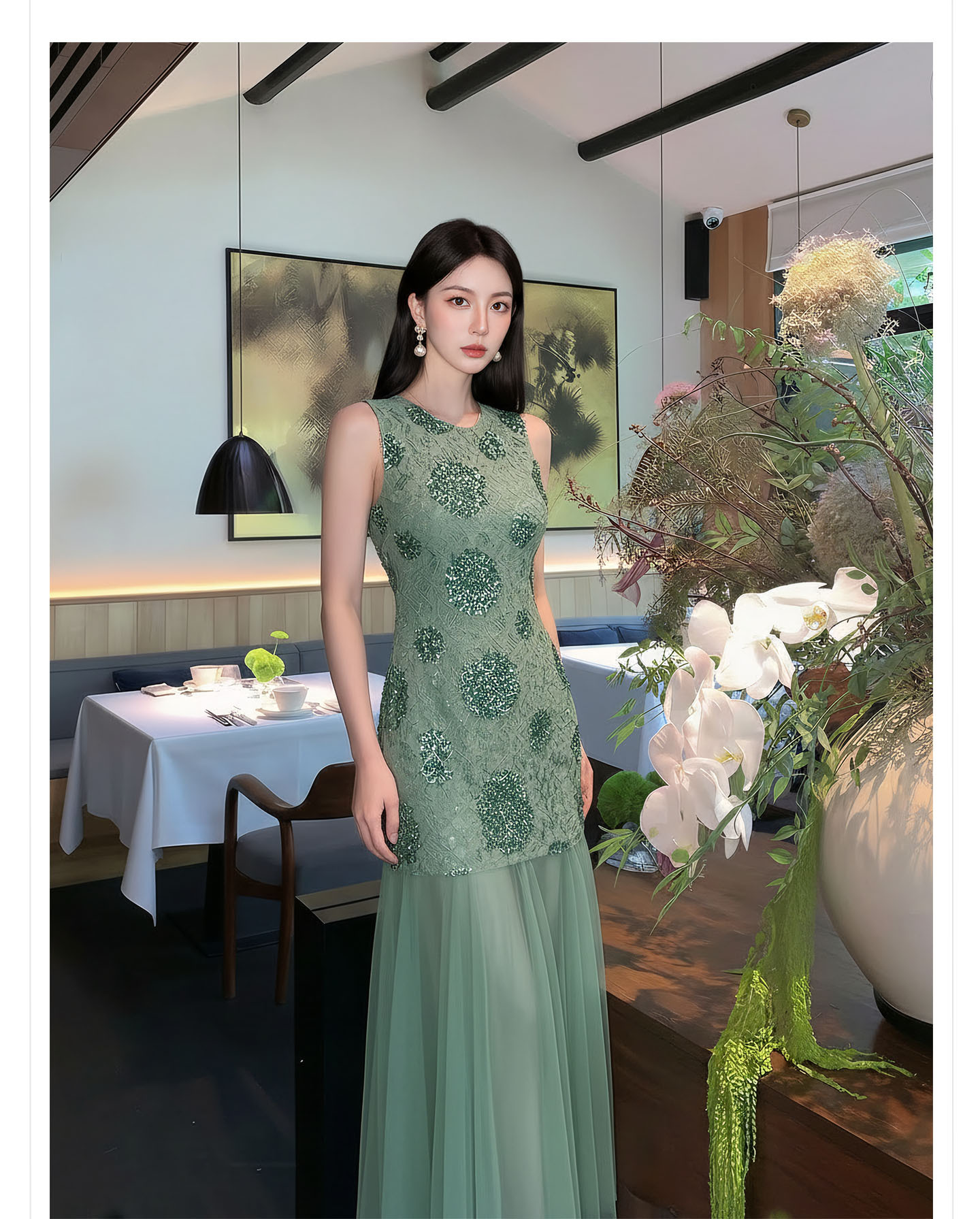 Đầm maxi nữ thắt eo họa tiết hoa nhí tay không cổ tròn — Xanh lá cây nhạtcolor chi tiết 6