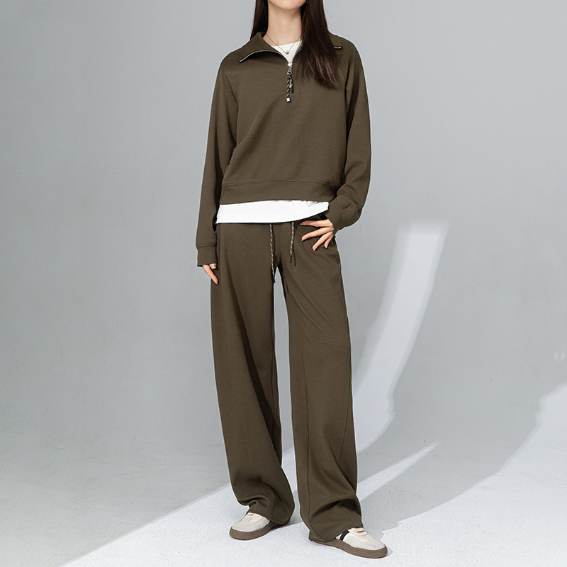 Áo hoodie cổ đứng nửa khóa kéo phong cách lười biếng Xinge — Quần dài màu cà phê 85033