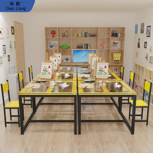 Kindergarten Primary School Students Tempered Glass Painting Table and Chair Combination Student Training Table Handmade Art Table Painted Table Legs
