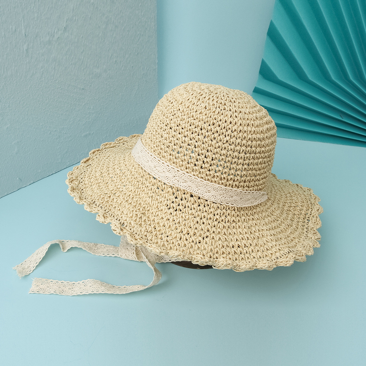 Frill Trim Lace-Up Straw Hat NSTQ52000