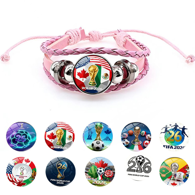 2026 United States, Canada, and Mexico World Cup Emblem Snap Bracelet Retro Multi-Layer Woven Pu Leather Hand Accessory Fan Souvenir