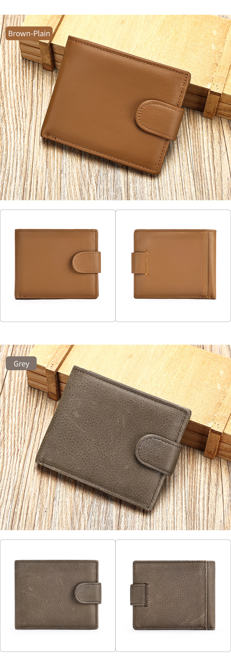 Ví nam da bò gập mini phong cách retro, nhiều ngăn thẻ — Màu đen, màu xám, Cà phê, màu nâu trơn chi tiết 4