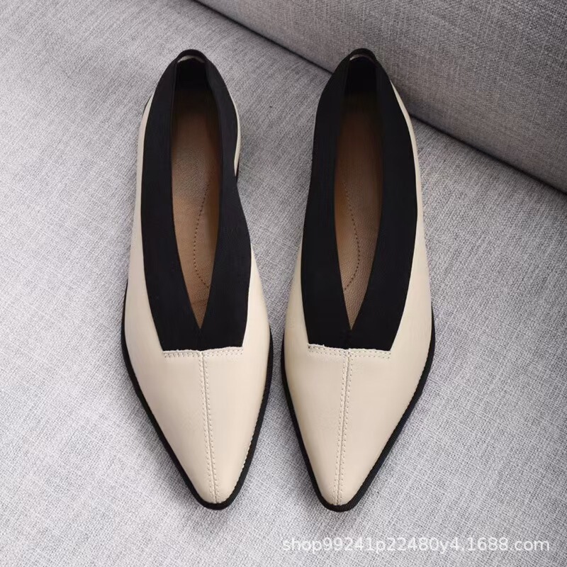 2025 New Style Super Comfortable Foreign Trade Genuine Leather Women's Single Shoes Pointed Toe Flat Slimming V-Mouth Granny Shoes Soft Sole Work Shoes