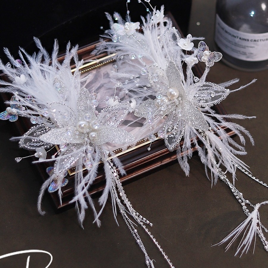 Exquisite Shiny Petal Feather Headdress Bridal Crystal Tassel Elegant High-End Wedding Dress Main Wedding Accessories