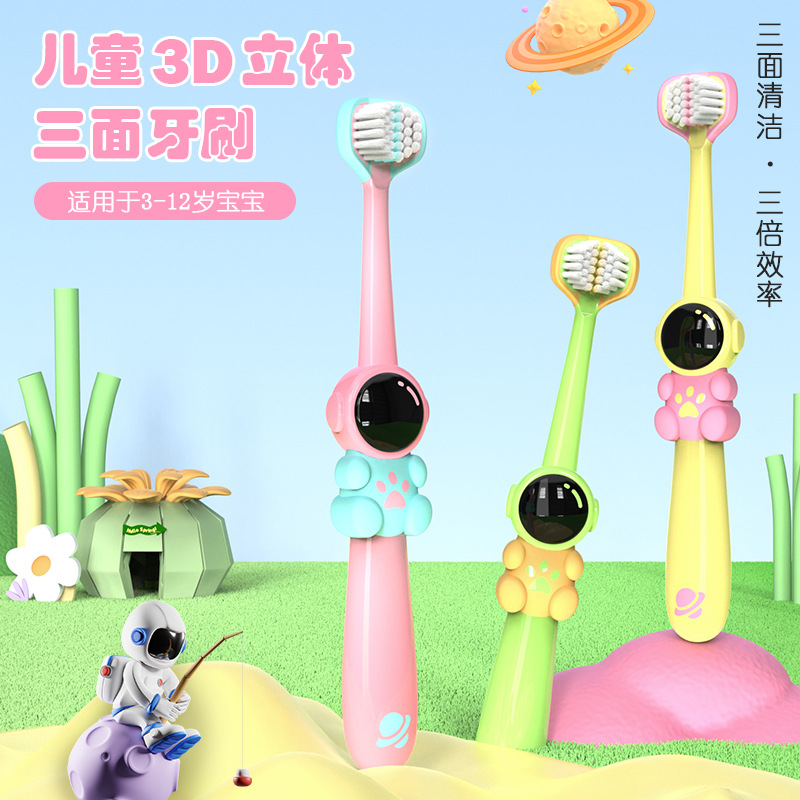 Astronaut Kidsren's Three-Sided Toothbrush Soft-Bristled Household Cartoon Style Toothbrush for Babies Aged 3-12 Years Old during Tooth Replacement Period