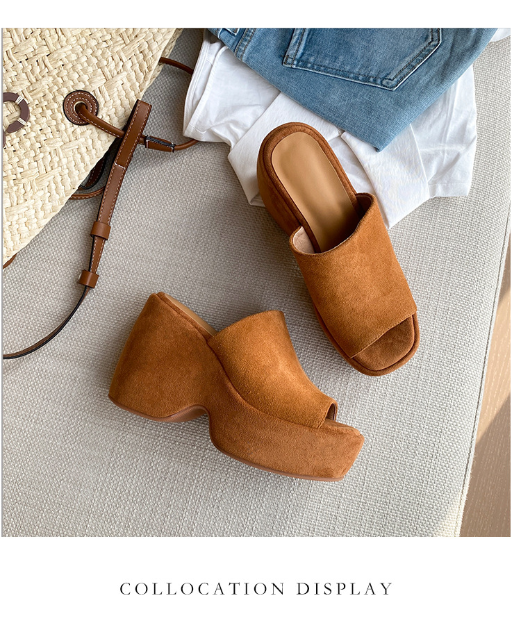 Dép sandal nữ đế xuồng da lộn gót siêu cao 11cm quai ngang hở mũi — Màu nâu, Màu đen chi tiết 30