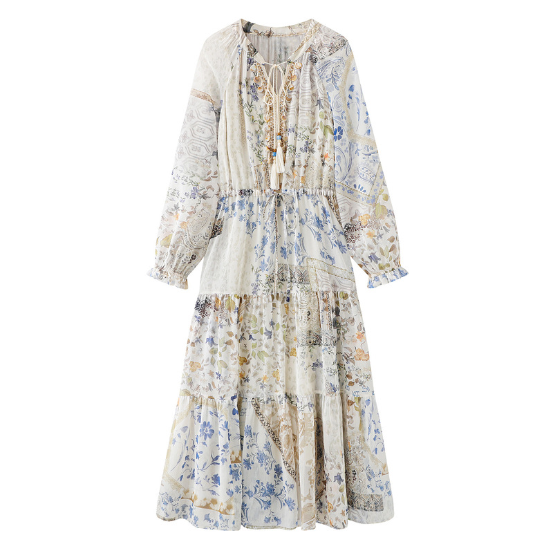 Beach Vacation Dress 2026 Spring and Summer New Style Lace-Up Beaded Drawstring Floral Chiffon Dress 90226091601