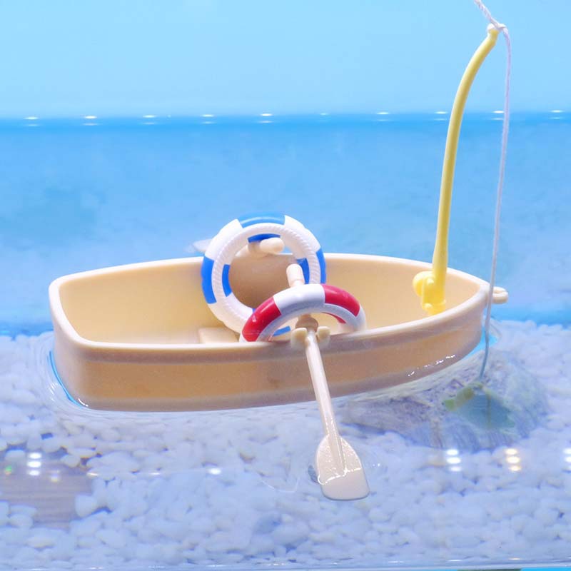Barco de pesca, modelo de paisajismo de acuario, decoración de paisajismo interesante, acuario, superficie del agua, barco de plástico flotante, anillo de natación, pesca
