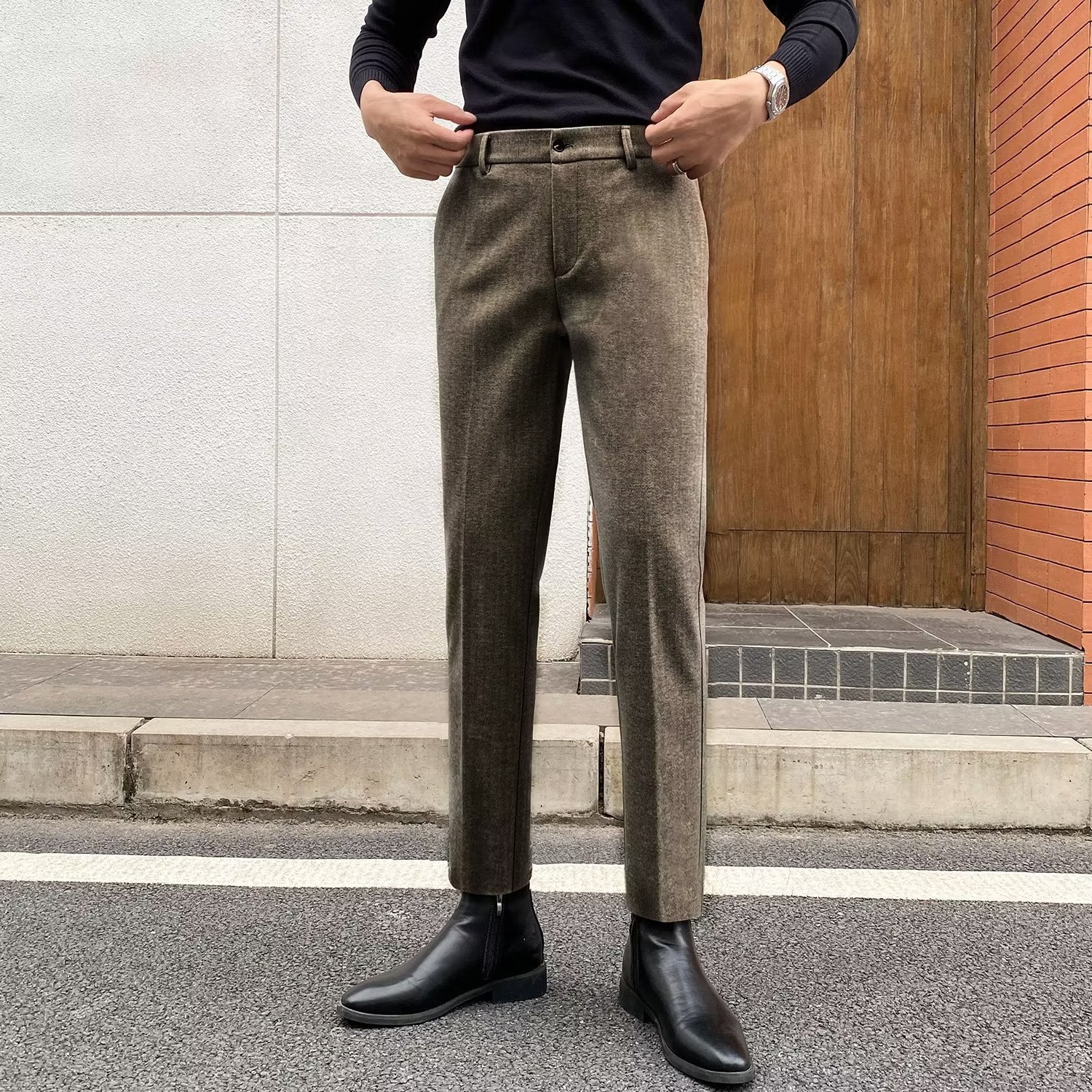 Pu Shuai Mei Británico grueso de la vendimia lana negro gris patrón espiga tela cruzada Tweed slim fit traje flaco los hombres Pantalones