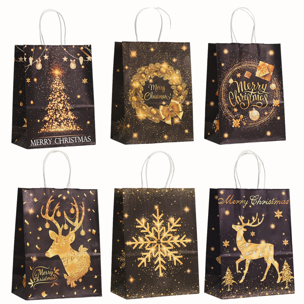 跨境黑金色圣诞包装袋牛皮纸袋派对糖果手提礼品袋批发印花外卖袋