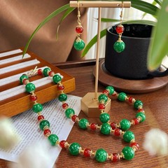 Classic-style Red Chalcedony Contrast-Color Faux Dry Qing Jade Retro Green Beaded Necklace Trendy Set
