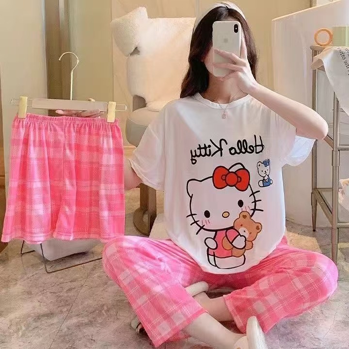 Pijamas de verano transfronterizos pijamas de leche de seda de tres piezas set de dibujos animados comercio exterior ropa para el hogar pantalones de mangas cortas lindos