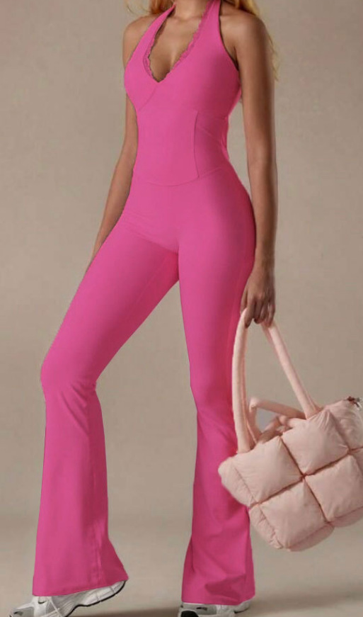 G25J196 Barbie polvo cuello de cuello en V ropa de yoga encaje cintura en forma de pantalones elásticos ajustados