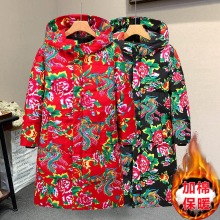 中长款棉衣外套东北大花中国风汉服男女宽松保暖防寒连帽棉袄男女