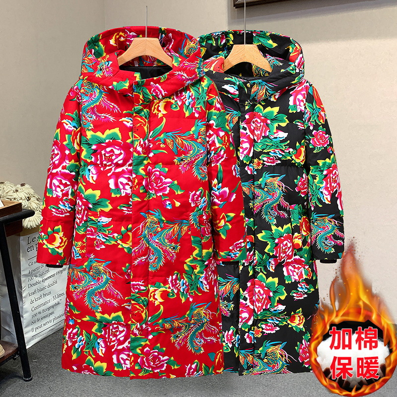 中长款棉衣外套东北大花中国风汉服男女宽松保暖防寒连帽棉袄男女