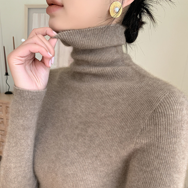 100 Wool Sweater Women's Piled Collar Thickened Sweater Inner Wear Autumn and Winter Slim-fit Long-sleeved High Collar Cashmere Knit Inner Wear