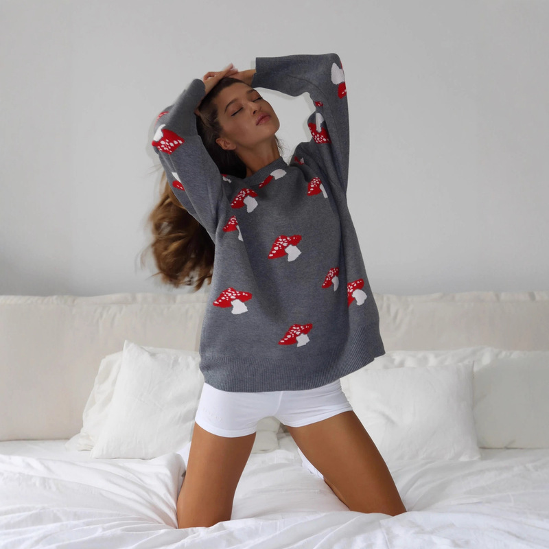 Niche Mushroom Digital Print Sweater Women's Loose Top Autumn Casual Lazy Style Long Sleeve Women's European and American Pod