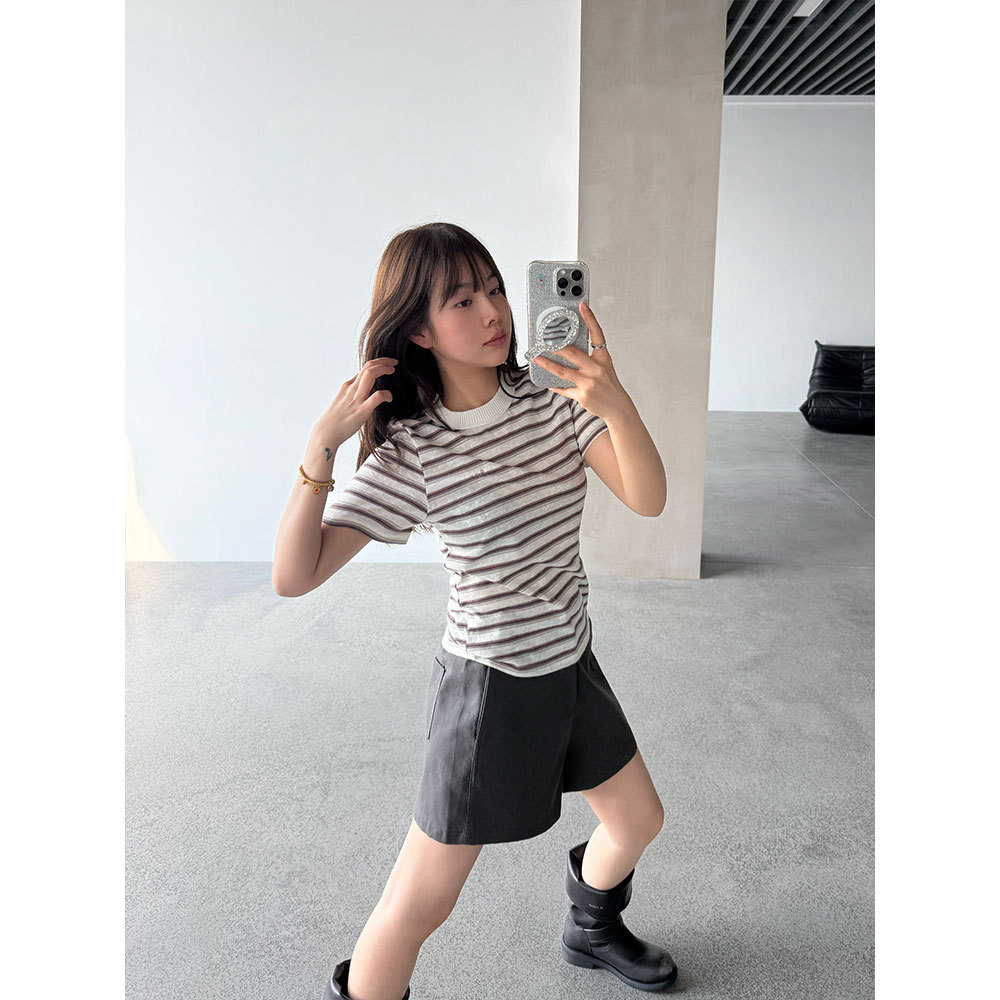 【王琪芝】复古条纹撞色薄款短袖T恤女春夏亲肤减龄百搭上衣WQ203