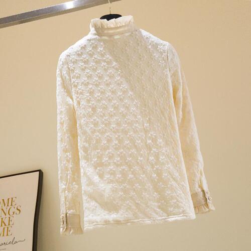 Lace bottomed shirt for women in autumn and winter new mesh long-sleeved warm figure-fitting velvet thick half-high collar top