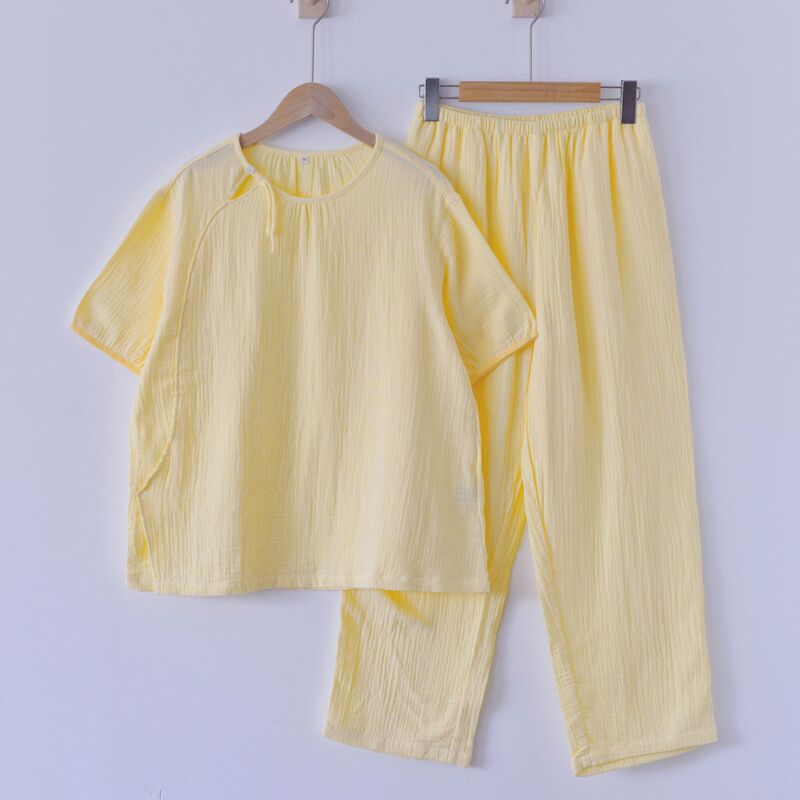 2025 Celebrity Style Real Shot Spring and Summer Two-Piece Suit Air Pleated Yarn Comfortable Buckle Cotton Yarn Home Clothes