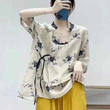 中国风盘扣小衫夏季文艺复古印花中袖衬衫国风宽松茶服女改良汉服