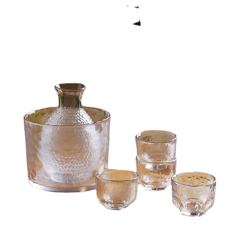 Juego de vino de sake con patrón de martillo japonés, vino de arroz de vidrio para el hogar, vino tibio, copa de sake, jarra de vino caliente, taza de vino pequeña al por mayor
