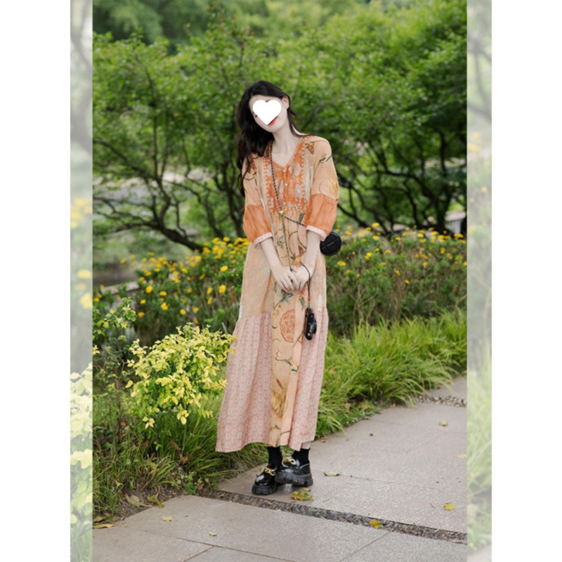 法式多巴胺宽松休闲温柔风茶歇裙2025年夏季森女系桔梗绝美连衣裙