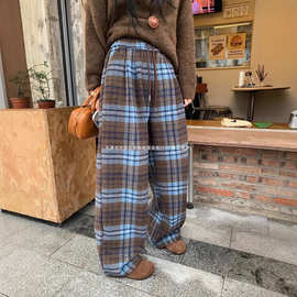 蓝色格子裤子女秋冬2024新款毛呢加厚休闲裤撞色直筒阔腿拖地裤潮