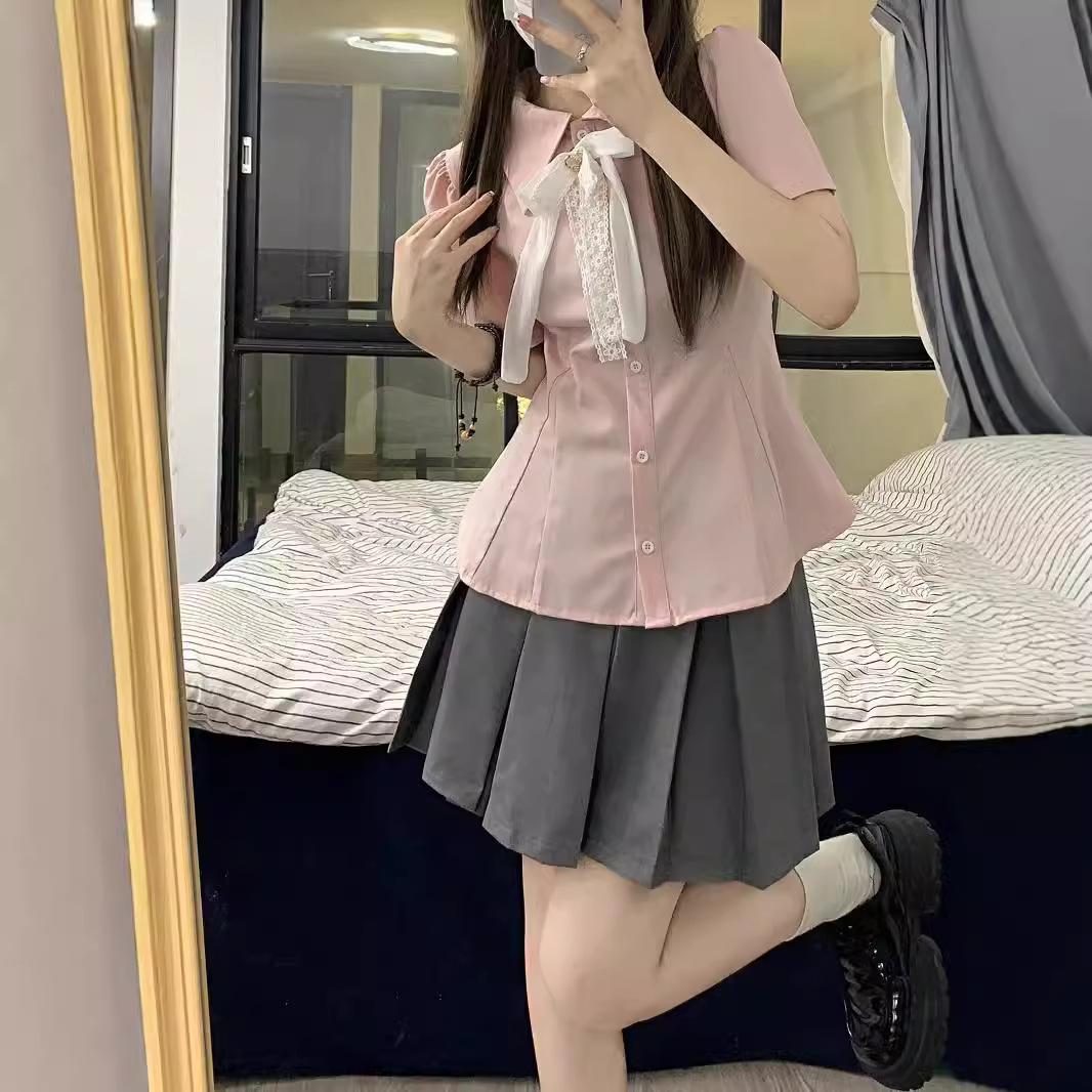 새로운 도착 핑크 달콤한 소녀 허리 셔츠 상자 주름 치마 JK 유니폼 세트 단색 한국 나비 넥타이 여름