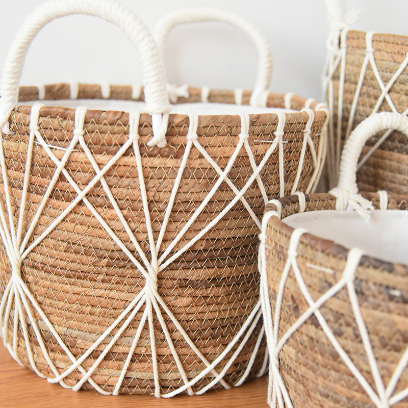 Cestas de almacenamiento de ropa sucia nórdica juguetes domésticos trenzando cestas de tela de paja con forro de tela canasta sucia decoración residencial