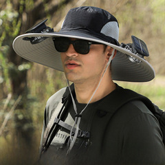 雙風扇太陽能可充電風扇三檔可調大風力大沿戶外漁夫帽男遮陽防曬