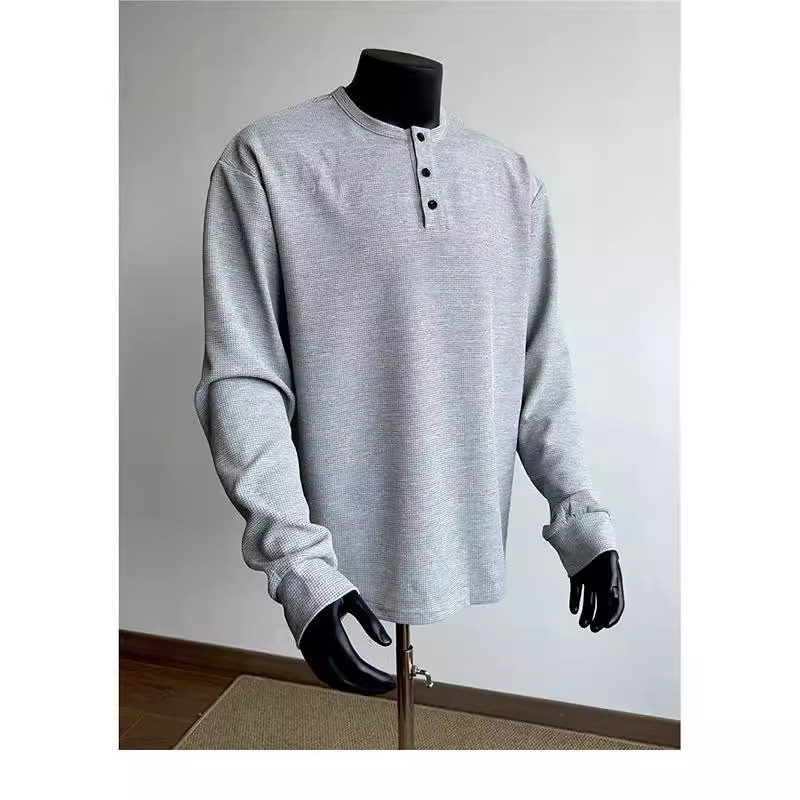 2024 Autumn All-match Henry Collar Long-sleeved T-shirt Men's Casual Sports Waffle Polo T-shirt Top