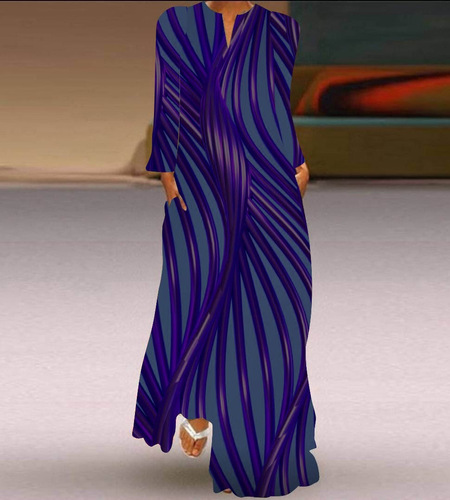 2024 European and American Amazon Spring and Summer Cross-border New Women's Long Skirt V-neck Long Sleeve Pocket Print Loose Dress