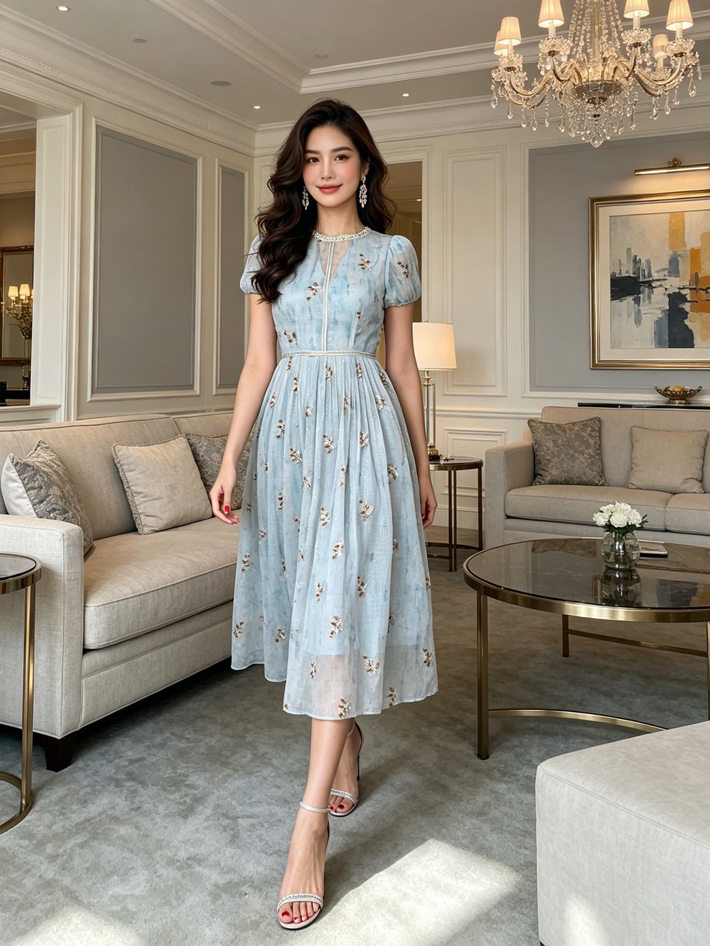 Đầm maxi nữ thắt eo họa tiết hoa nhí phong cách Pháp — Xanh da trờicolor