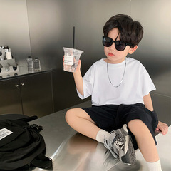 兒童百搭T恤2023新款男女童純白色寬鬆短袖T寶寶休閒基礎圓領上衣