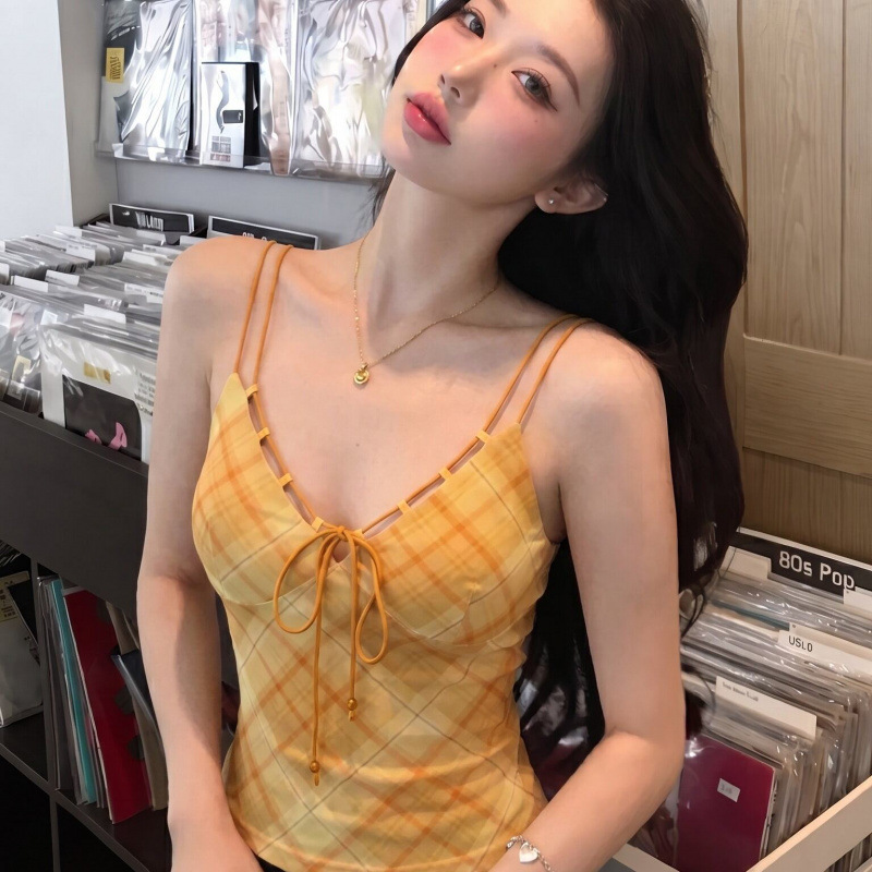 Original Style Hot Girl Party American Retro Orange Plaid V-Neck Elastic Adjustable Strap Tank Top Original Style Hot Girl Party American Retro Orange Plaid V-Neck Elastic Adjustable Strap Tank Top