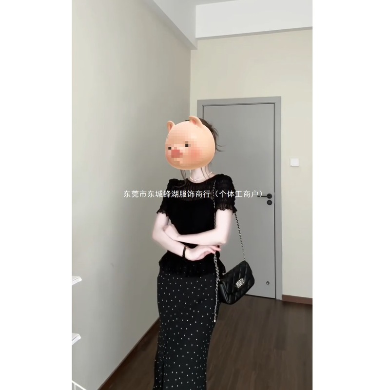 2025新款法式复古气质网纱拼接短袖上衣女夏季波点高腰半身裙套装|undefined