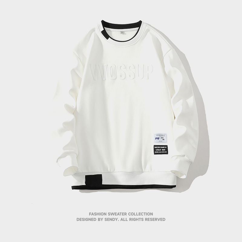 Weißes Sweatshirt für Herren, flach liegend, Frühling/Herbst, lässig, vielseitig, stylisch, langärmelig, für junge Leute_voghion.com