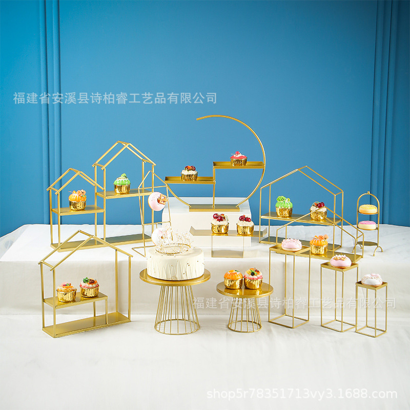 Boda creativa fiesta de cumpleaños buffet mesa de té de la tarde mesa de bebidas frías hierro forjado oro estante de pastel decoración mesa de postres image 34