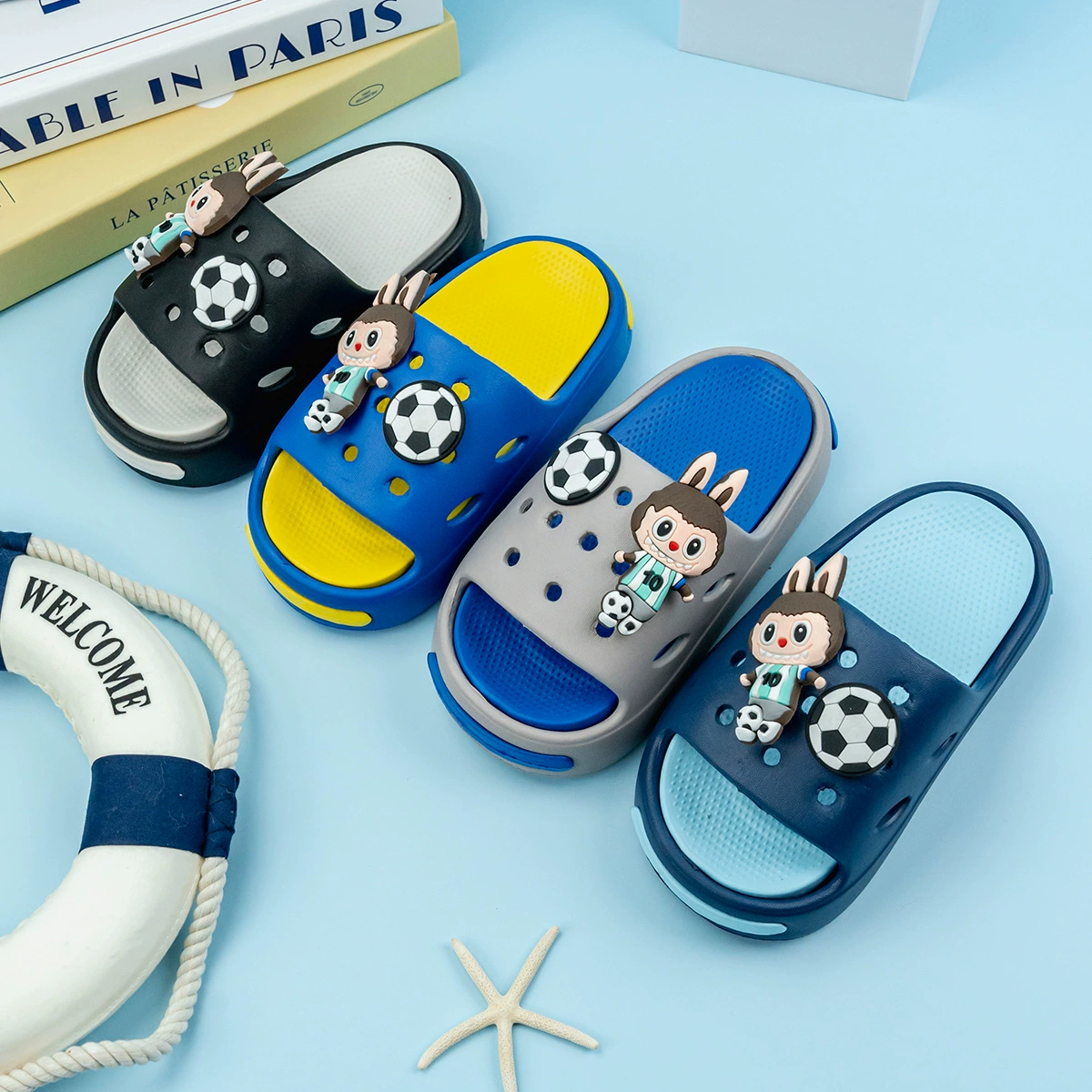 Детские тапочки Football Labubu из ЭВА, двухслойные, с мягкой подошвой, нескользящие, модные сандалии в стиле для родителей и детей