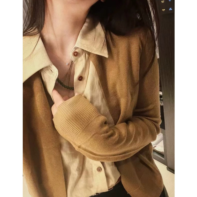 Shenzhen Nanyou European-style 2026 early autumn new design brown two-piece look knitted patchwork linen shirt for women Shenzhen Nanyou European-style 2026 early autumn new design brown two-piece look knitted patchwork linen shirt for women