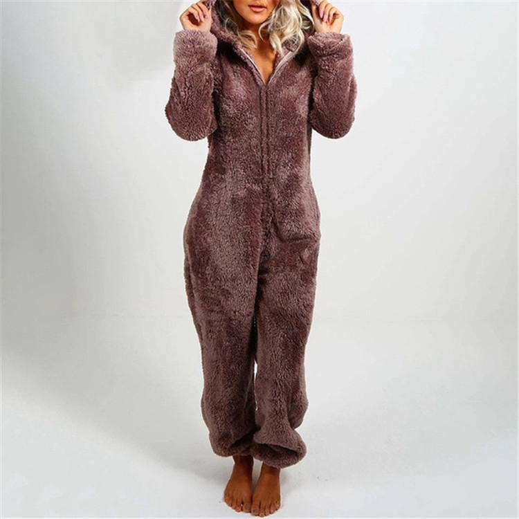Pijama con capucha de piel gruesa y felpa para mujer, otoño e invierno, ropa de mujer, 22 colores_voghion.com